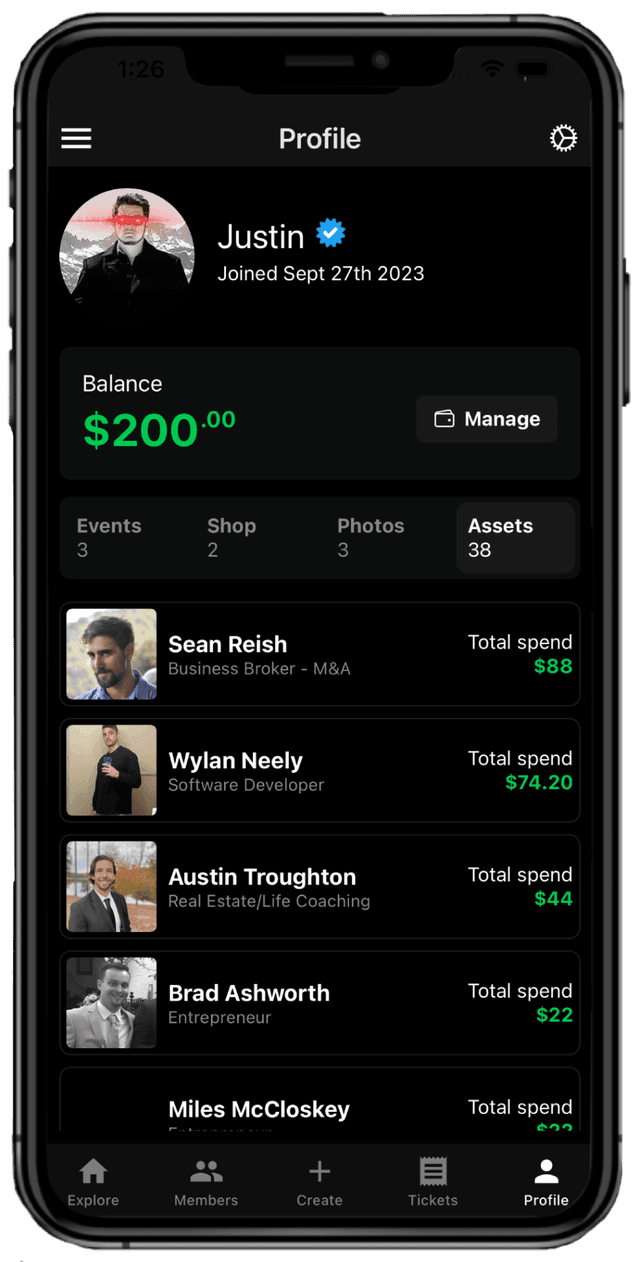 Profile screen with GWallet balance
